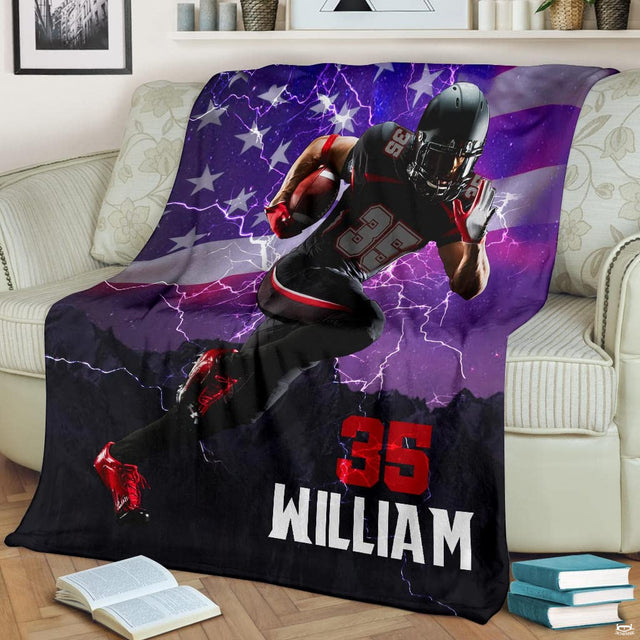 Patriotic gridiron sprinter lightning blanket draped over sofa