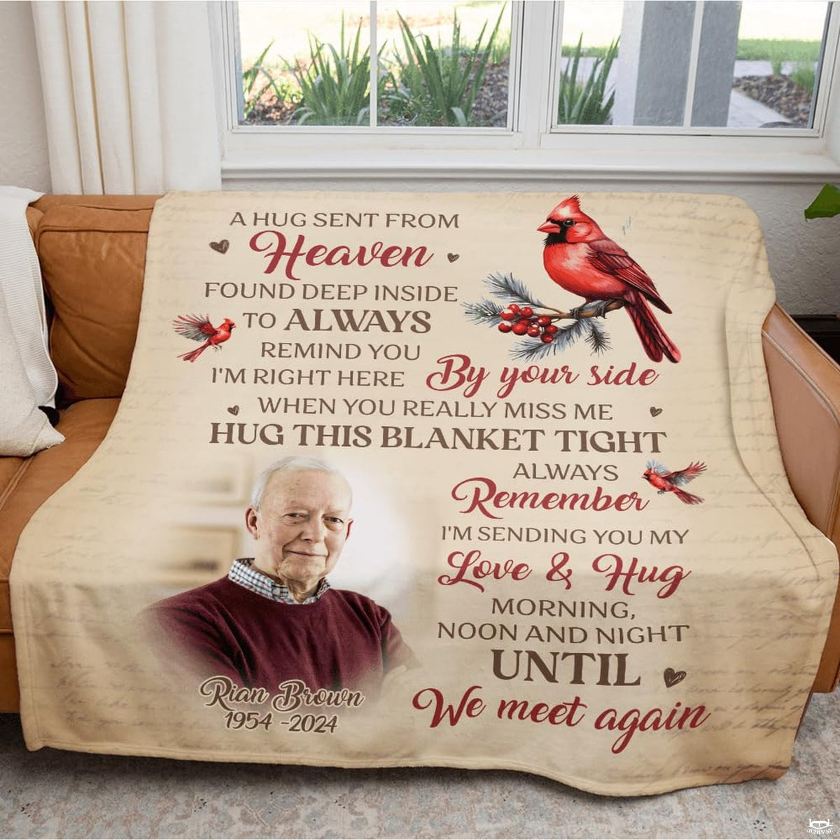 Detailed quad perspectives highlighting fine cardinal feathers and script lettering on throw blanket.