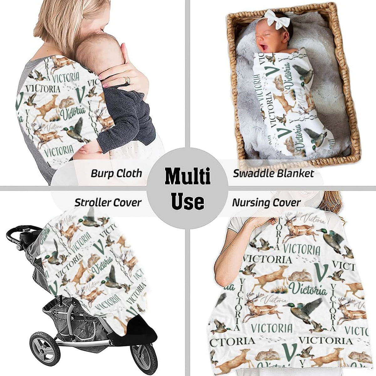 Four-panel infant usage chart showing outdoor nursery, stroller, and rest applications.