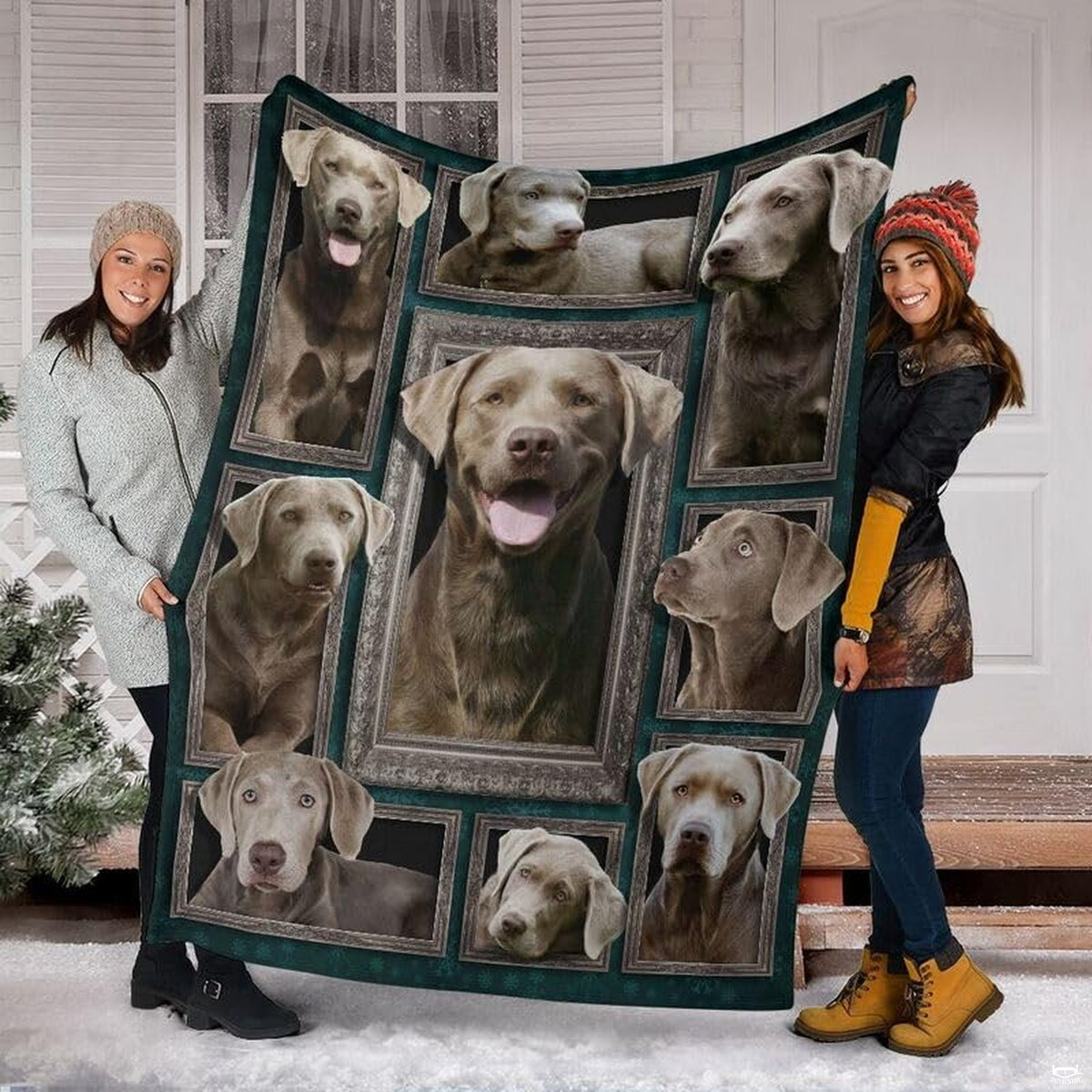 Silver lab portrait graphic blanket spread across floor play area