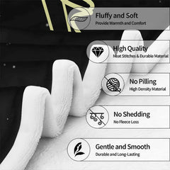 Graphic infographic highlighting plush fleece blanket texture and neat border finishing