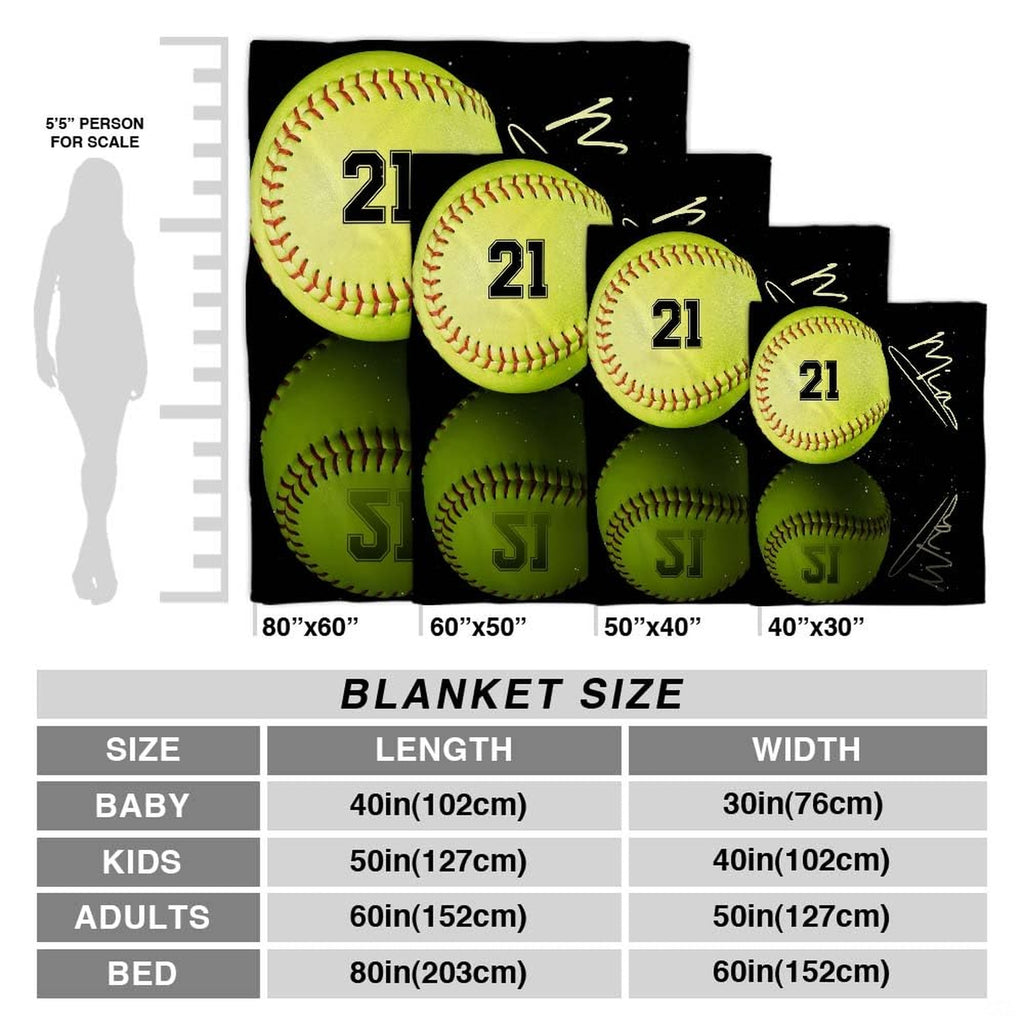Diagram displaying softball throw blanket dimensions alongside adult silhouette