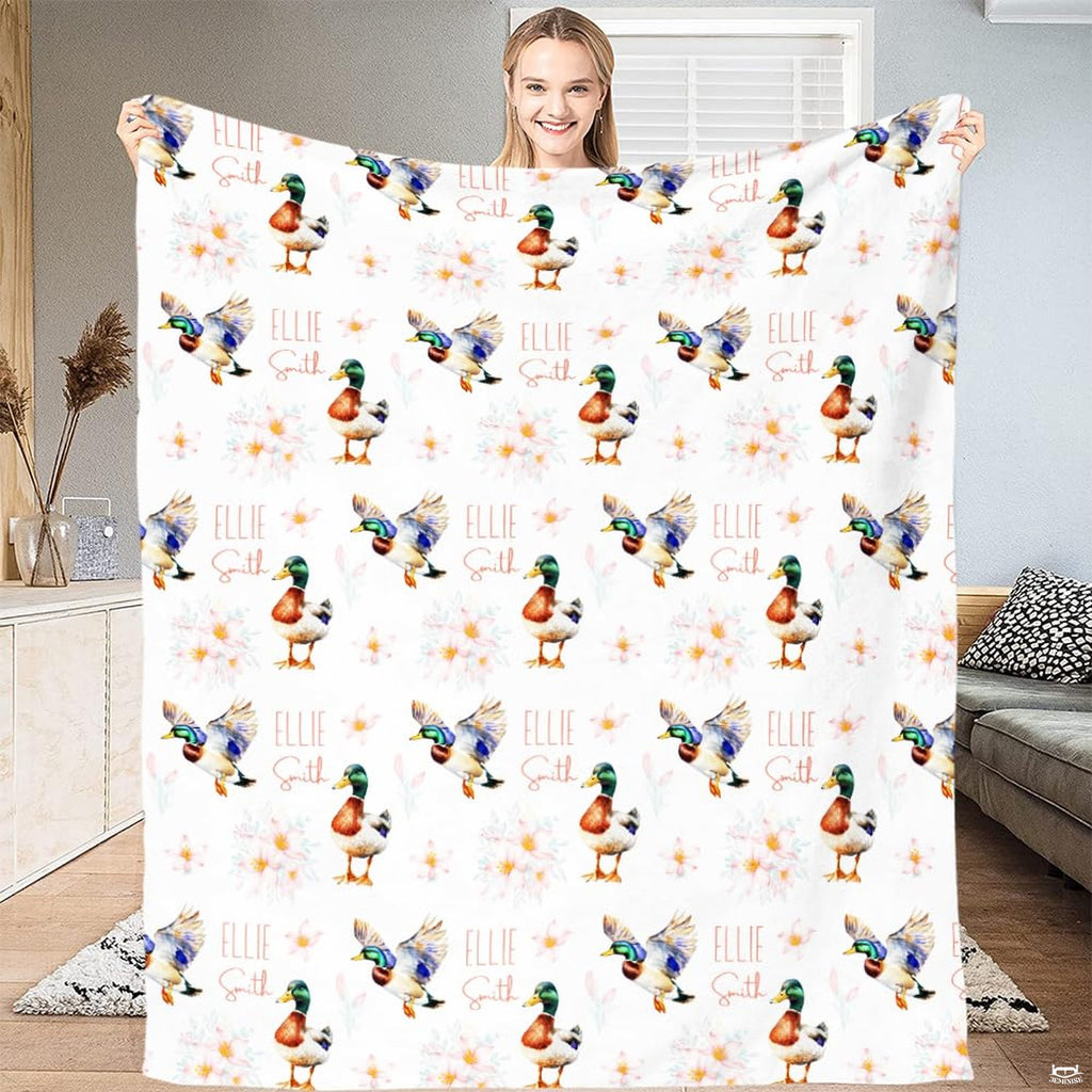 Mallard ducks pastel floral pattern throw blanket view 2 detailing watercolor drakes and flowers