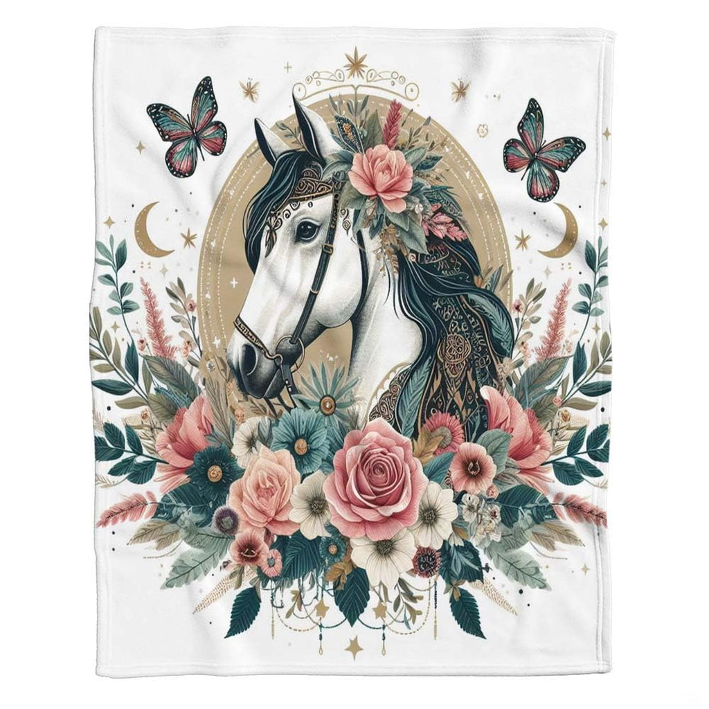 Equestrian horse bedding set for girls styled in a bright, modern bedroom with floral wall decor.