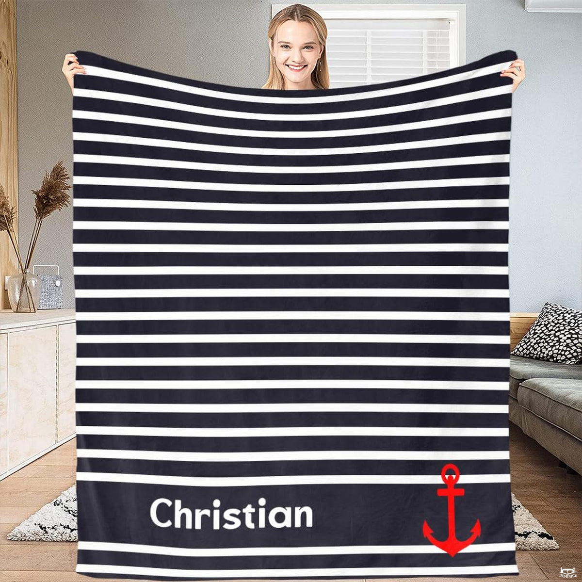 Nautical sailor navy stripes and scarlet anchor artwork for classic bedding sets visual decor.