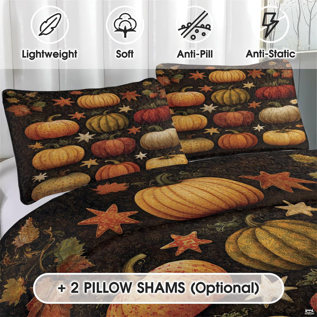 Rustic fall pumpkin artwork on bedding displayed in a thematic accent autumn-themed bedroom setting.