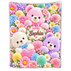 Pastel teddy bears surrounded by colorful roses and daisies, view 1.