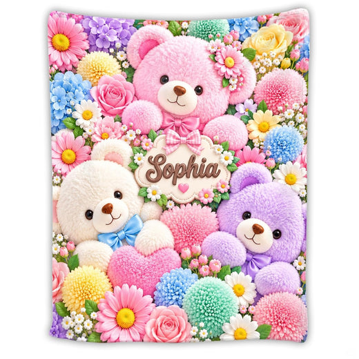 Pastel teddy bears surrounded by colorful roses and daisies, view 1.