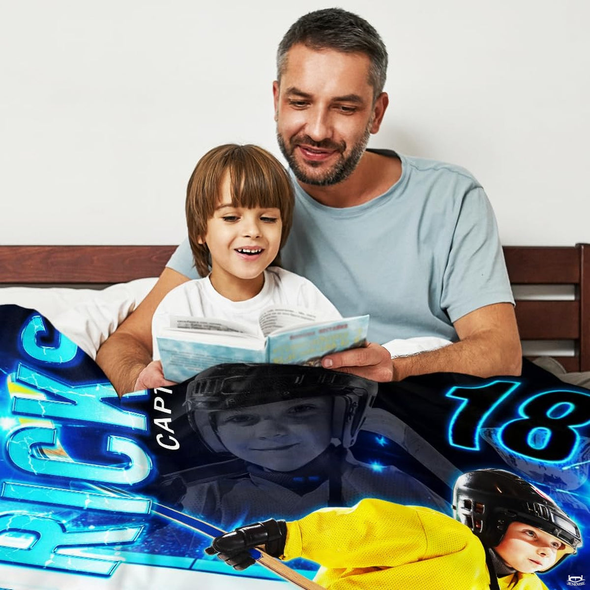 Close up of youth hockey throw blanket highlighting electric blue lightning effects and hockey stick