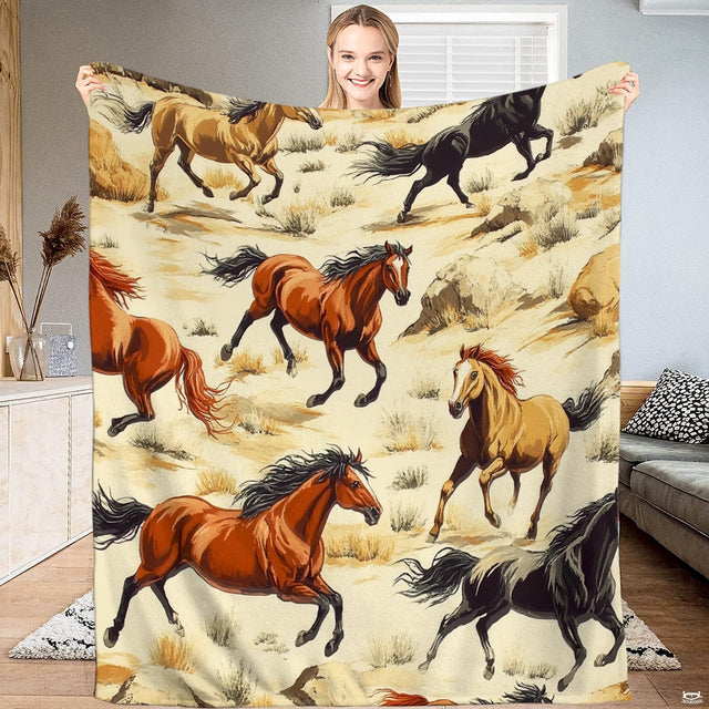 Illustrated wild horse bedding displaying dynamic stallions galloping through a rustic desert scrubland.