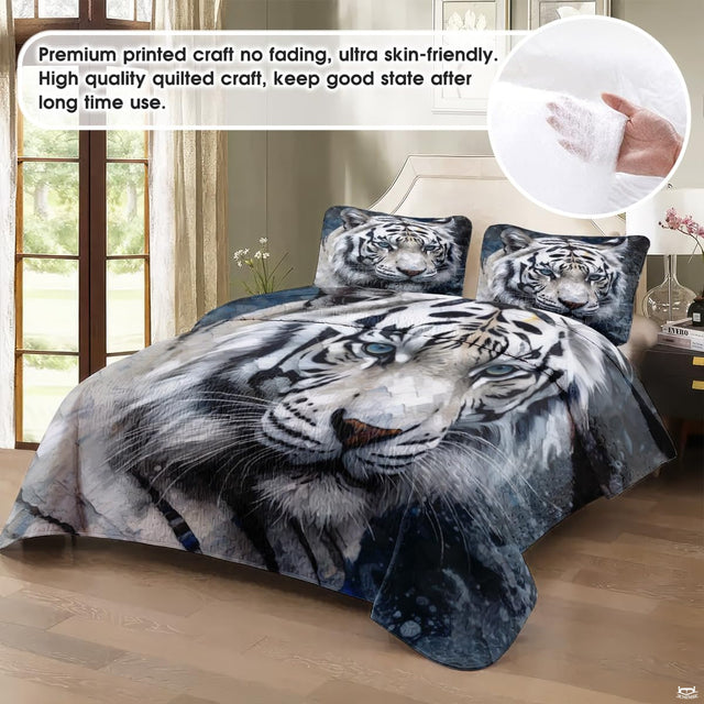 Blue eyed white tiger bedding displayed in a bright bedroom