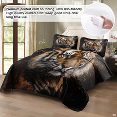 Dark tiger portrait artwork displayed in a bedroom