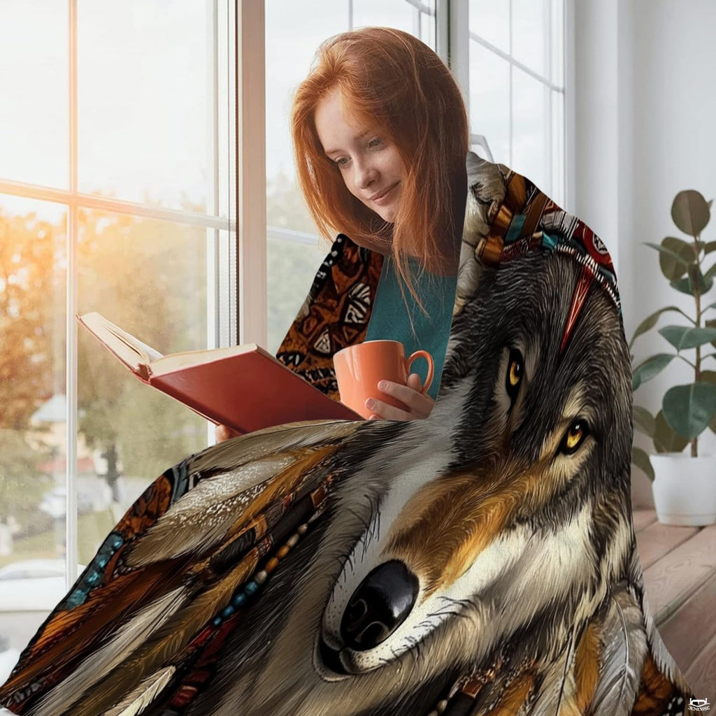 Living room sofa display showing the tribal wolf feather headdress throw blanket draped over furniture.