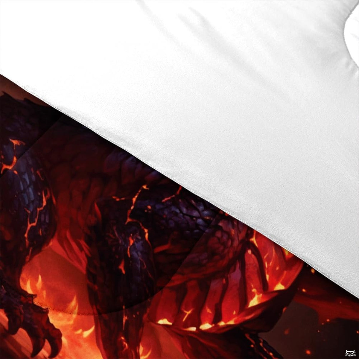 Styling angle of fiery celestial dragon bedding featuring high-contrast mythical beast graphics.