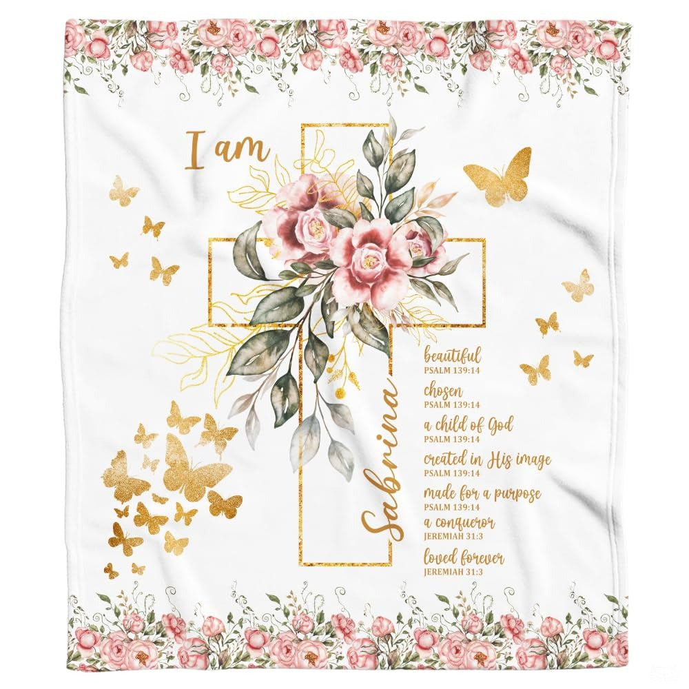 Custom Floral Cross with Butterflies Blanket, Machine Washable