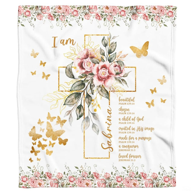 Custom Floral Cross with Butterflies Blanket, Machine Washable