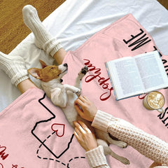 Long distance state to state love map couples blanket showing flight path between states view 8