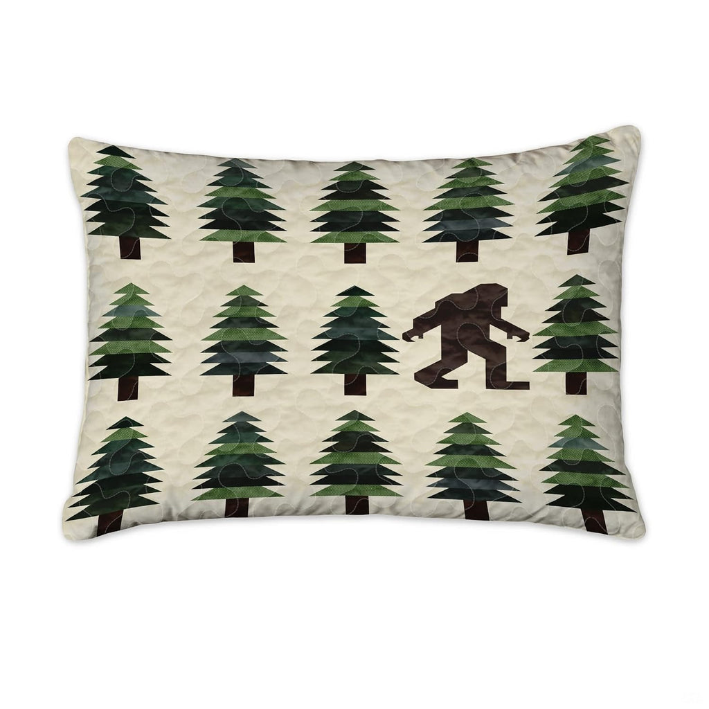 Matching pillowcase detail for woodland bedding set showcasing coordinating Bigfoot and pine tree artwork