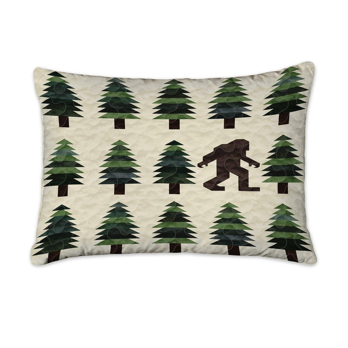 Matching pillowcase detail for woodland bedding set showcasing coordinating Bigfoot and pine tree artwork