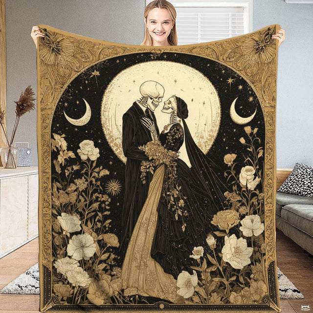 Skeleton bride and groom embrace artwork on bedding set with antique archway and roses.