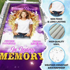 Bedroom display highlighting the heavenly wings motif, violet gradients, and starry night tribute bedding pattern.