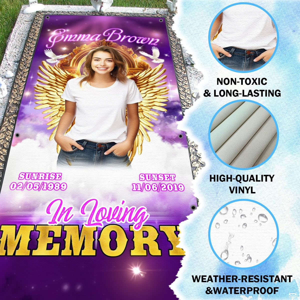Bedroom display highlighting the heavenly wings motif, violet gradients, and starry night tribute bedding pattern.