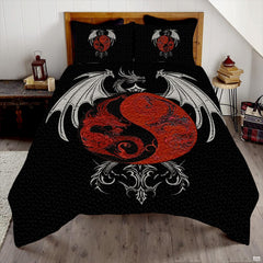 Red dragon yin yang emblem with white wings on black bedding artwork