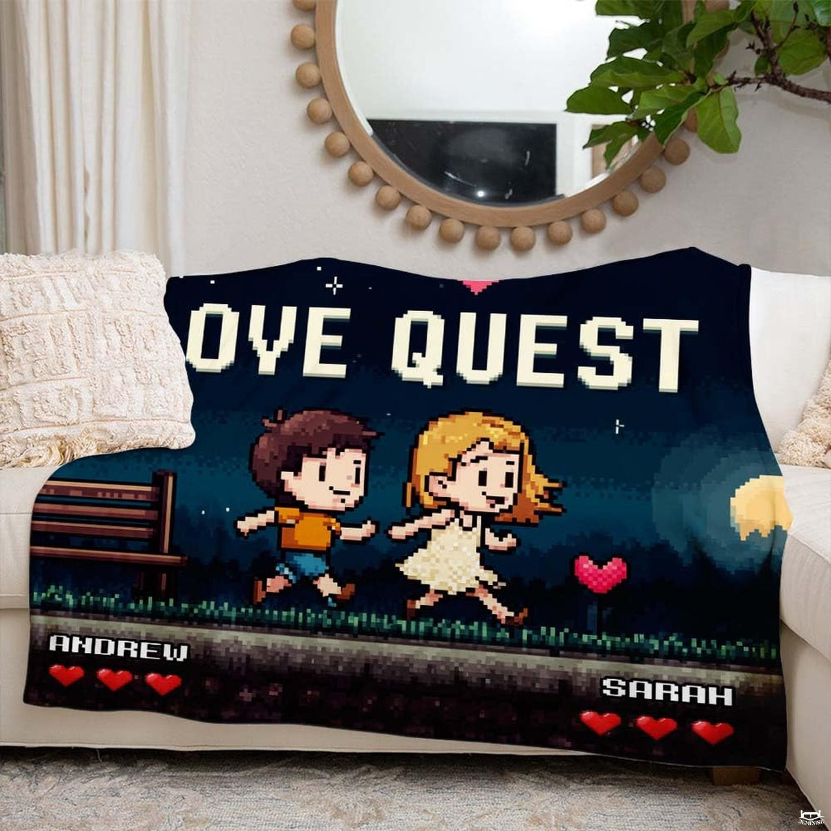 Gamer couple bedroom ideas layout displaying 8-bit adventure bedding with park scene artwork.