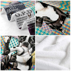 Boston Terrier dog throw blanket view 5 highlighting playful puppy illustrations and colorful pattern panels