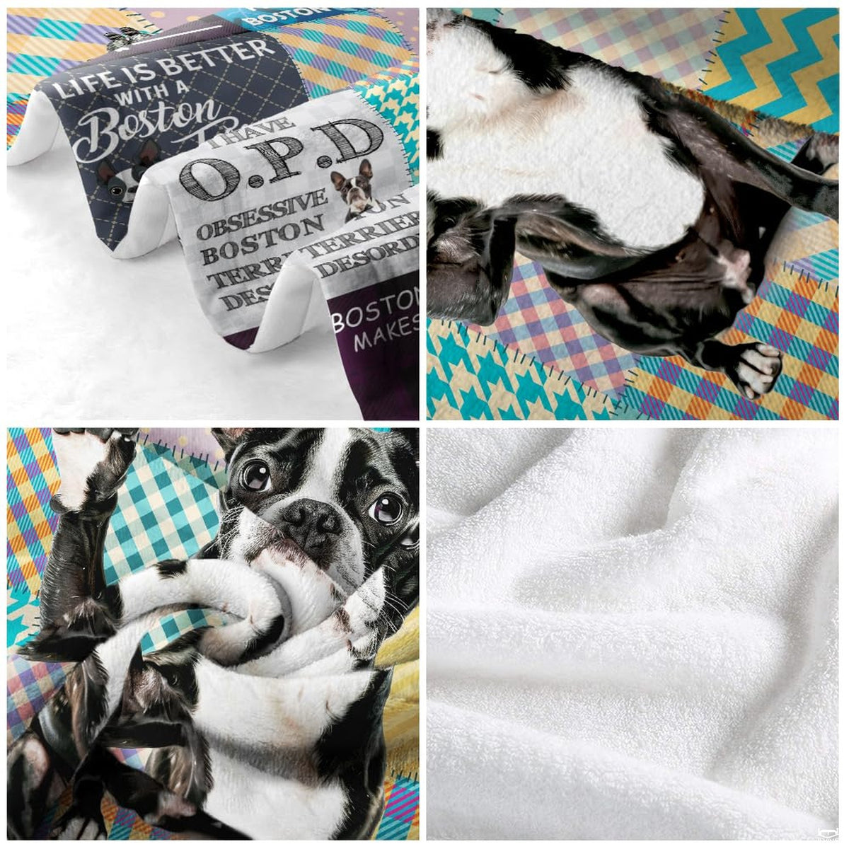 Boston Terrier dog throw blanket view 5 highlighting playful puppy illustrations and colorful pattern panels