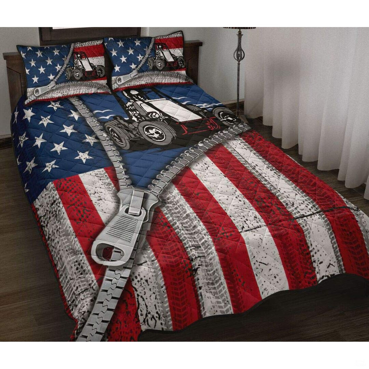 Patriotic non wing sprint car racing bedding set displayed neatly on a bed in a youth motorsport bedroom