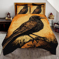 Golden bronze Viking raven runic circle bedding set displayed neatly on a bed in a rustic bedroom