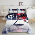 Plum purple and red ice hockey goalie sports bedding set displayed neatly on a bed in a modern youth bedroom