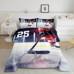 Plum purple and red ice hockey goalie sports bedding set displayed neatly on a bed in a modern youth bedroom