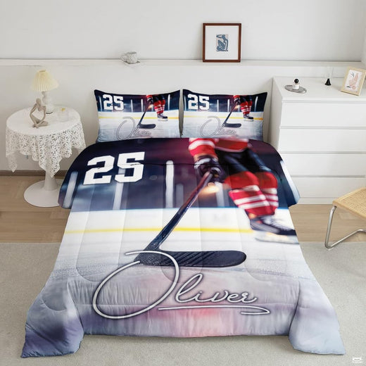 Plum purple and red ice hockey goalie sports bedding set displayed neatly on a bed in a modern youth bedroom