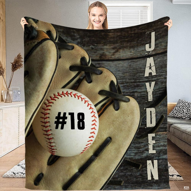 Vintage wood plank baseball glove throw blanket view 2 highlighting fielding mitt details and sports room styling