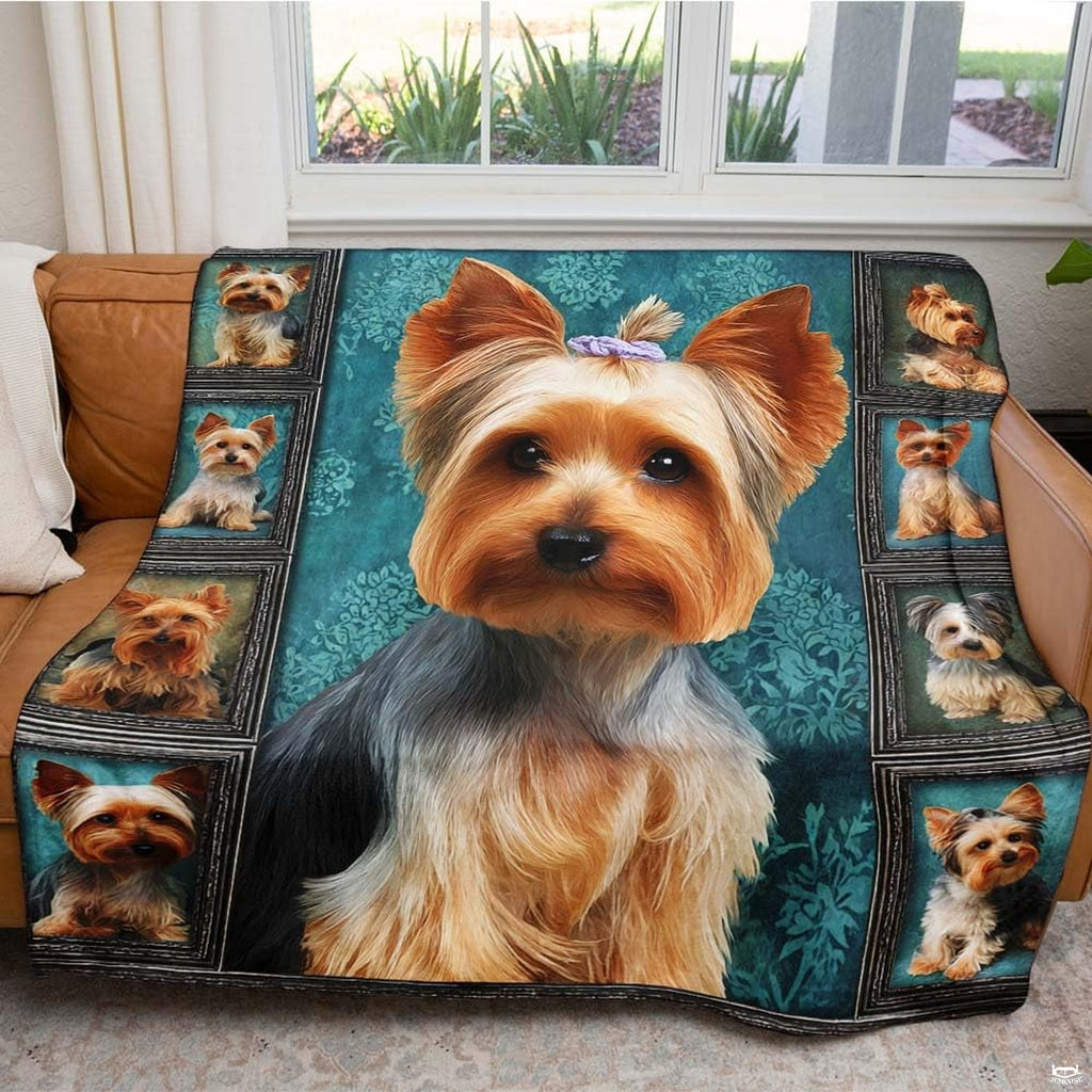 Overhead flat lay of the Yorkshire Terrier canine portrait throw blanket highlighting deep teal damask backdrop
