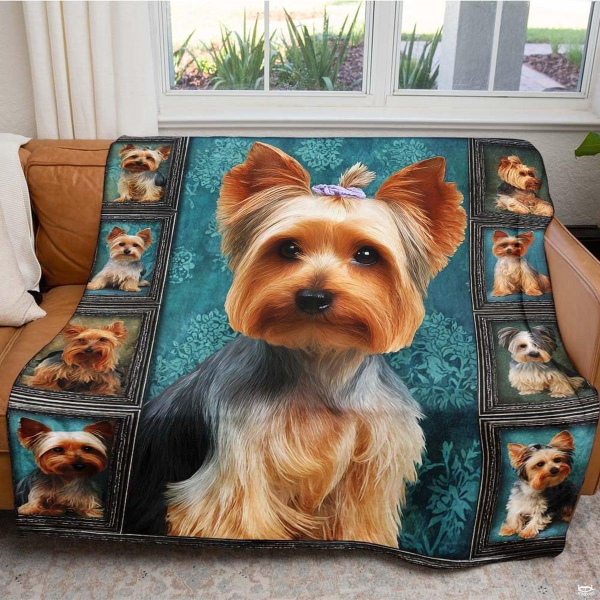 Overhead flat lay of the Yorkshire Terrier canine portrait throw blanket highlighting deep teal damask backdrop