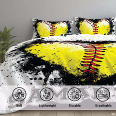 Corner view of sports bedding illustrating sharp color separation between bright yellow, red, and black inks