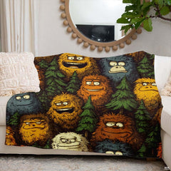 Quirky cartoon Bigfoots and Yetis peeking through evergreen pine trees, view 6.