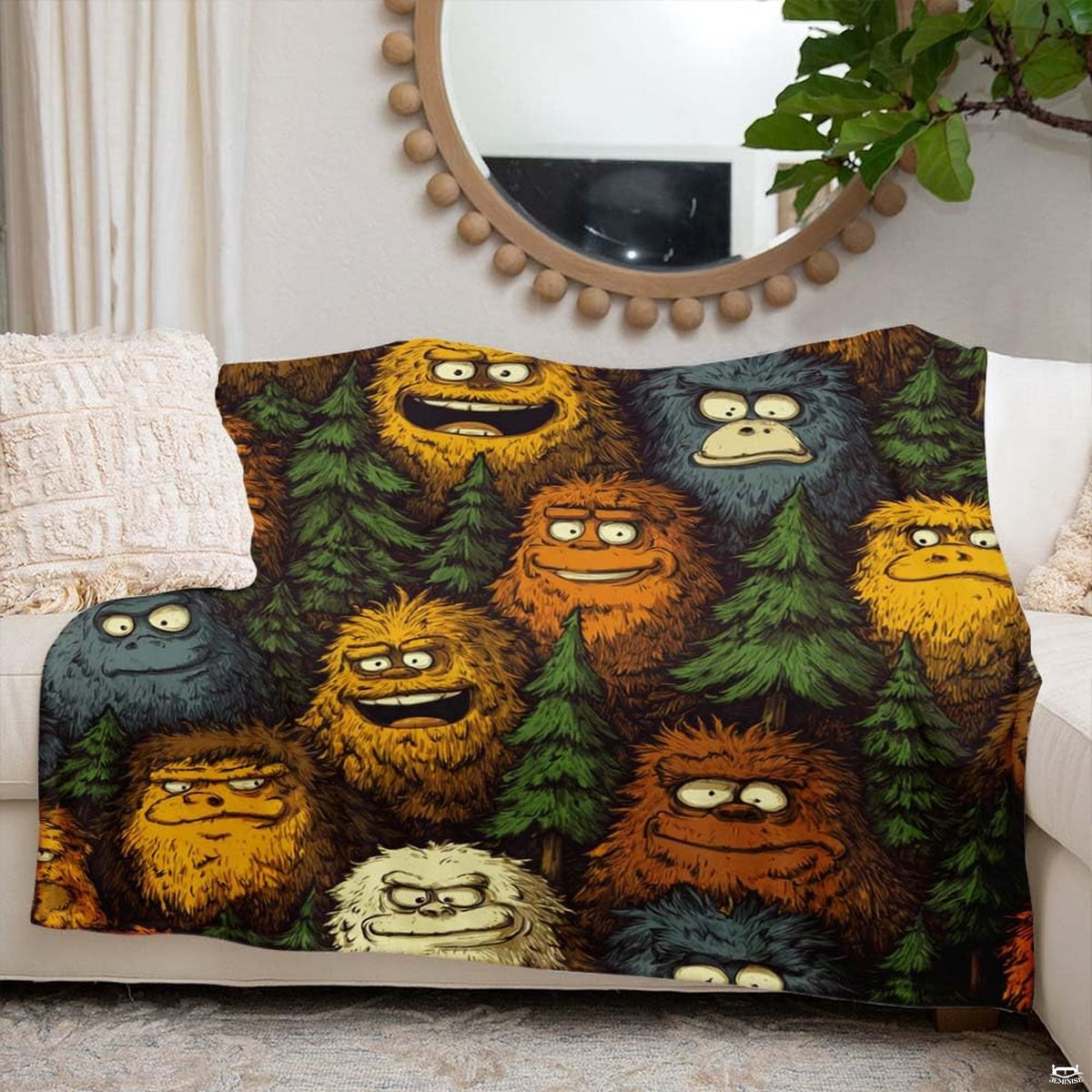 Quirky cartoon Bigfoots and Yetis peeking through evergreen pine trees, view 6.