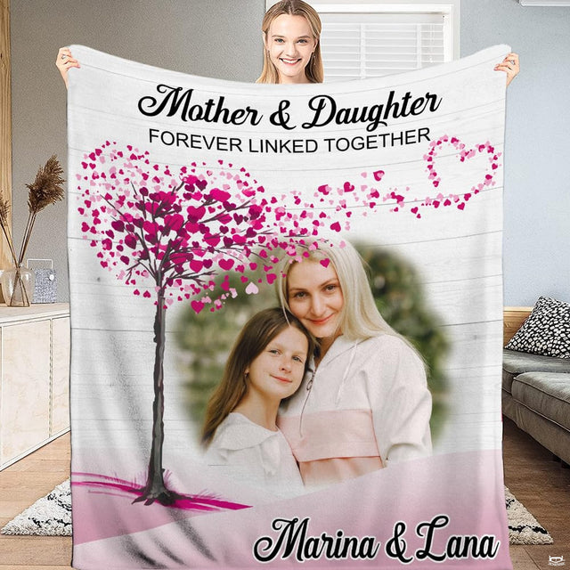 Mother daughter keepsake illustration with a pink blossoming heart tree on white wood planks, view 1.