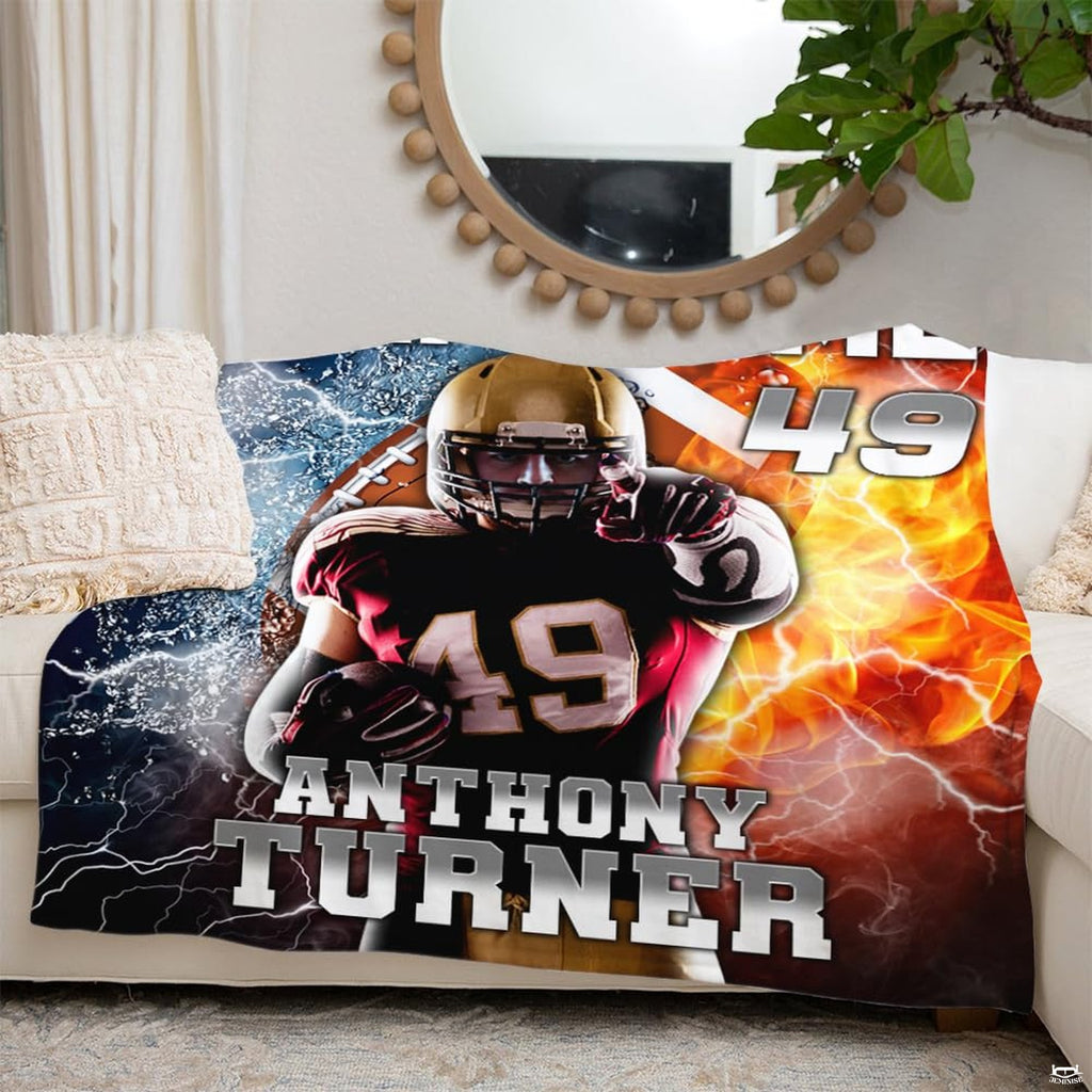 Football player fire and ice throw blanket view 5 highlighting athletic player, split lightning, and flaming ball