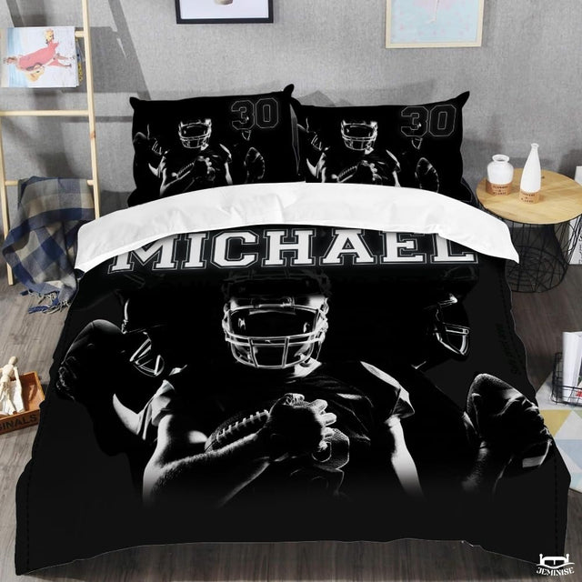 Custom Football Player Holding Ball Collage Comforter with Football Helmet