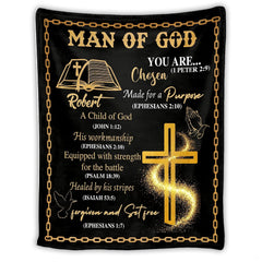 Christian scripture faith blanket with radiant golden cross, stardust shimmer, and open holy bible on black.