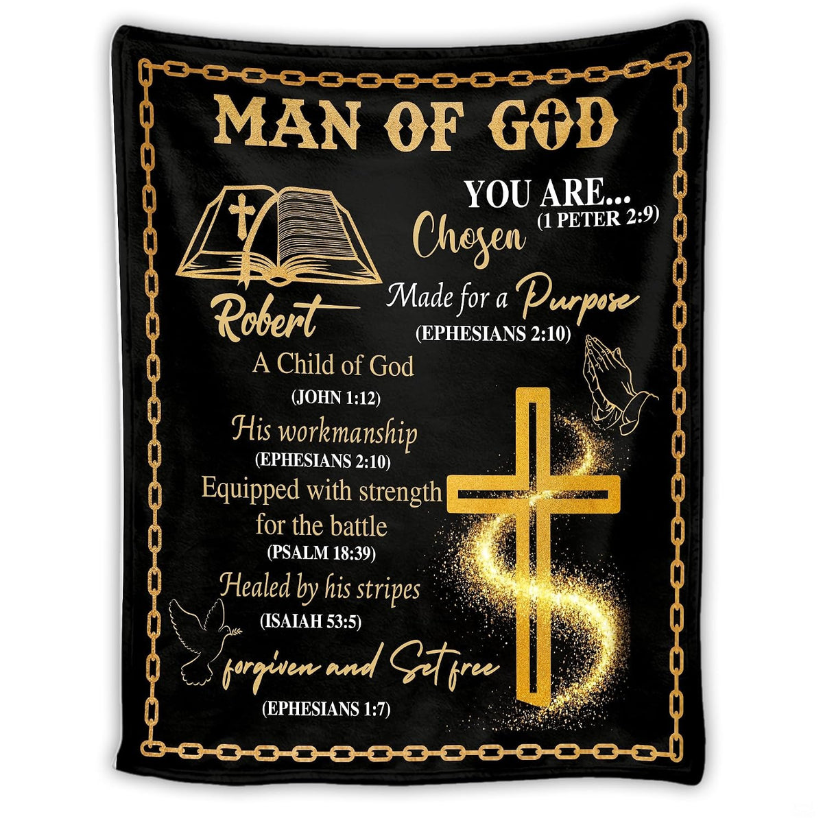 Christian scripture faith blanket with radiant golden cross, stardust shimmer, and open holy bible on black.