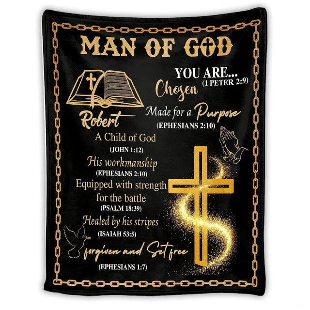 Christian scripture faith blanket with radiant golden cross, stardust shimmer, and open holy bible on black.