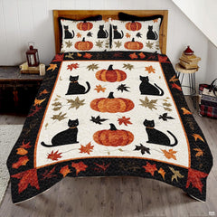 Autumn leaves bed sheets bedding thematic accent showcasing black cats, pumpkins, and falling leaves.