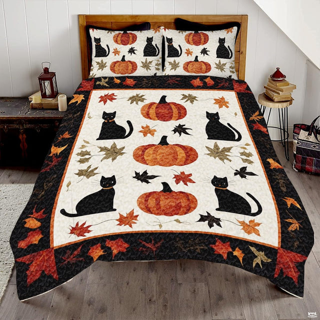 Autumn leaves bed sheets bedding thematic accent showcasing black cats, pumpkins, and falling leaves.