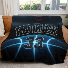 Neon basketball court throw blanket view 5 highlighting glowing blue basketball channels and hoop silhouette